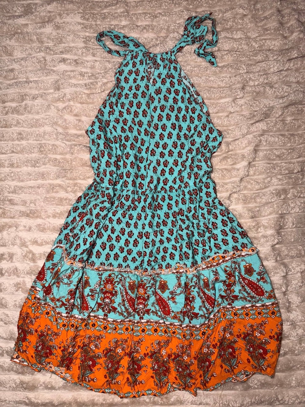 Halter Neck Floral Print Women’s Dress in Turquoise and Orange